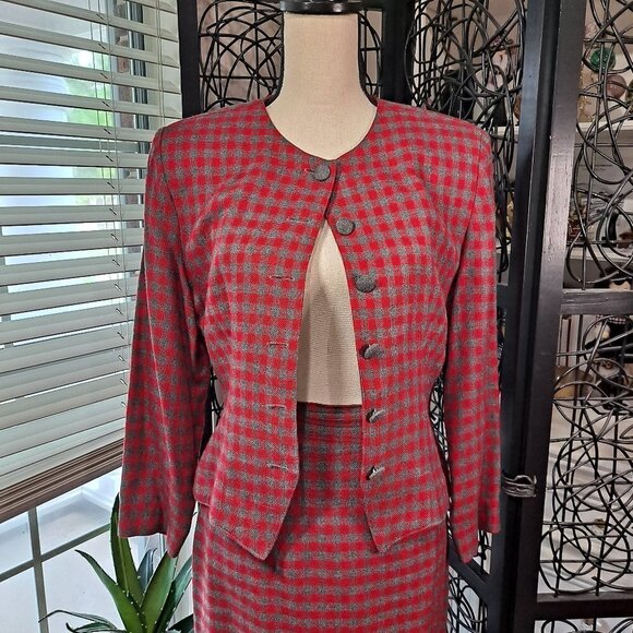 Christy Girl 2 Piece Skirt Suit Red/Gray Check 90's Shoulder Pads Pencil Skirt - Picture 8 of 15